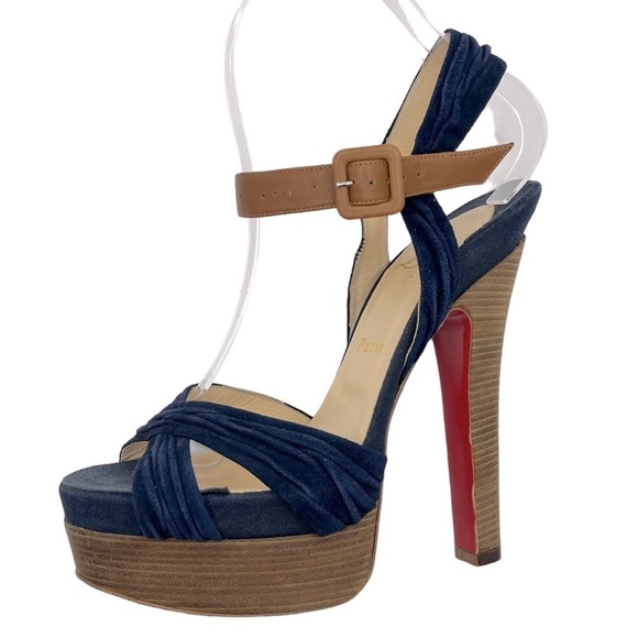 CHRISTIAN LOUBOUTIN Chouquette 160 Navy Blue Suede Sandals Heels Size 38.5EU